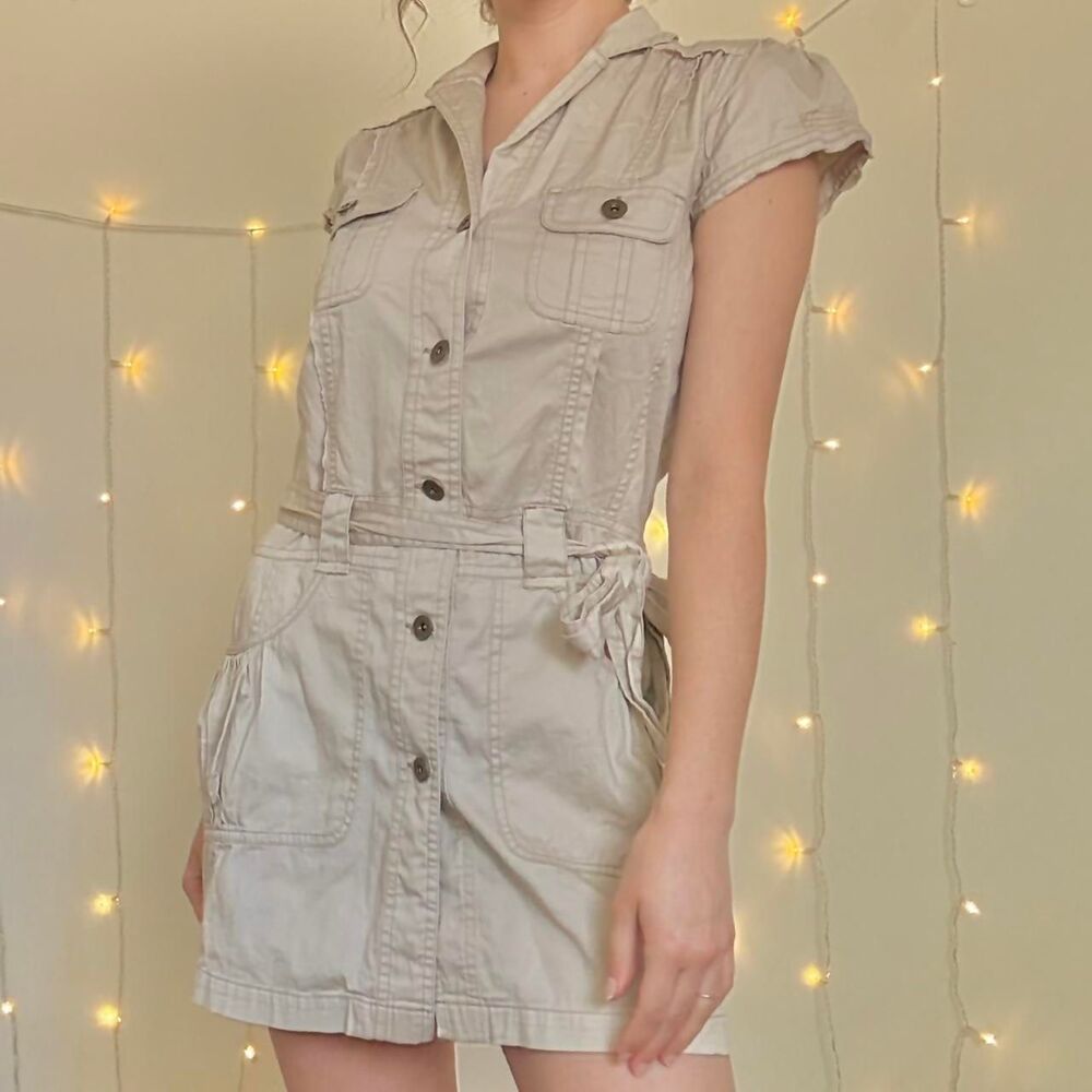 Y2K Beige mini cargo utility dress with belt